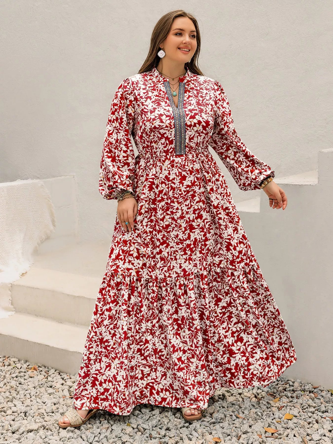 Plus Size Floral Print Long Sleeve Maxi Dress OutfitFlow