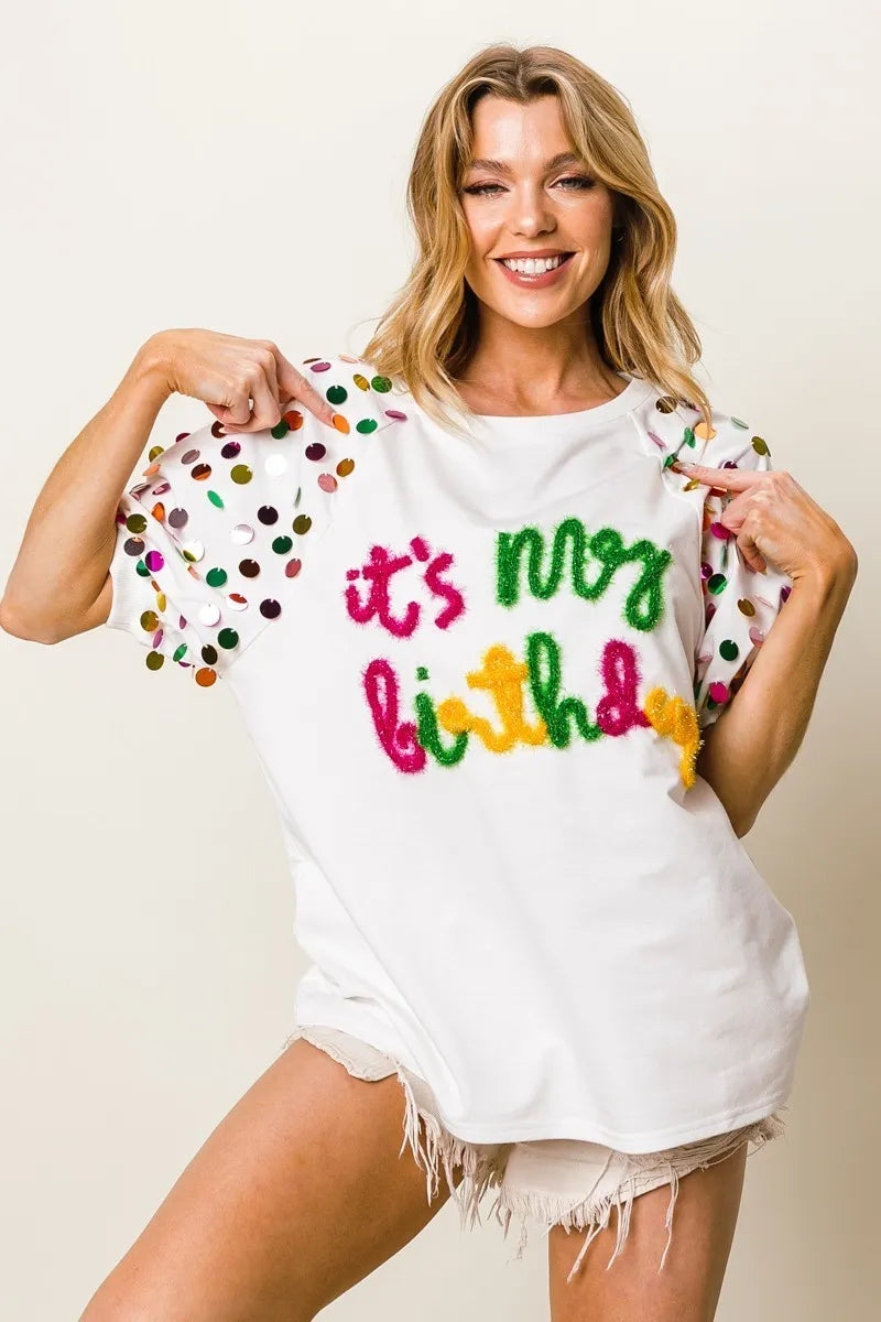 BiBi Metallic Letter Spangle Raglan Puff Sleeve Top OutfitFlow