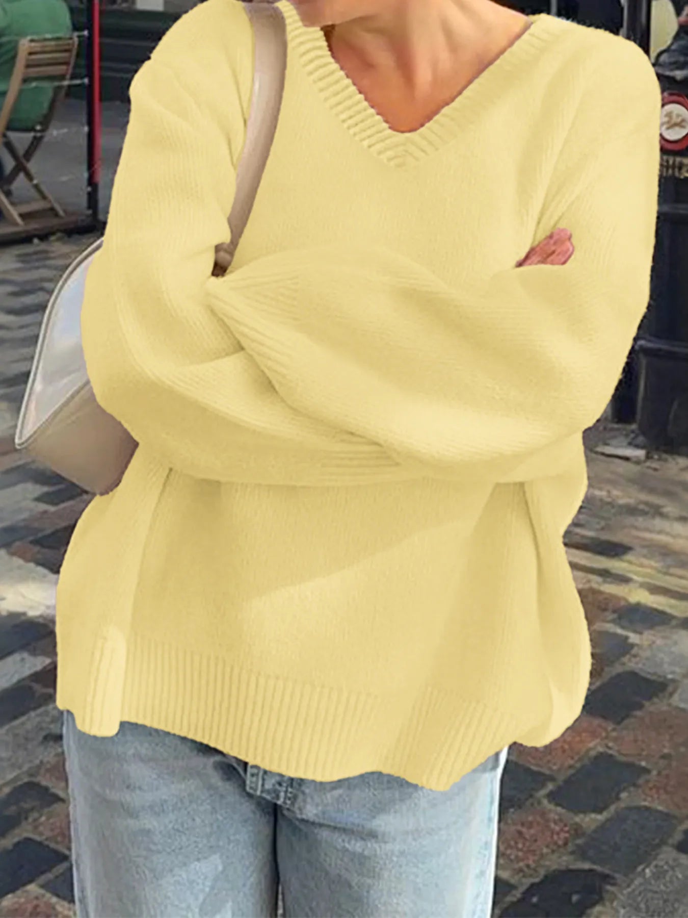 V-Neck Long Sleeve Sweater Light Yellow OutfitFlow
