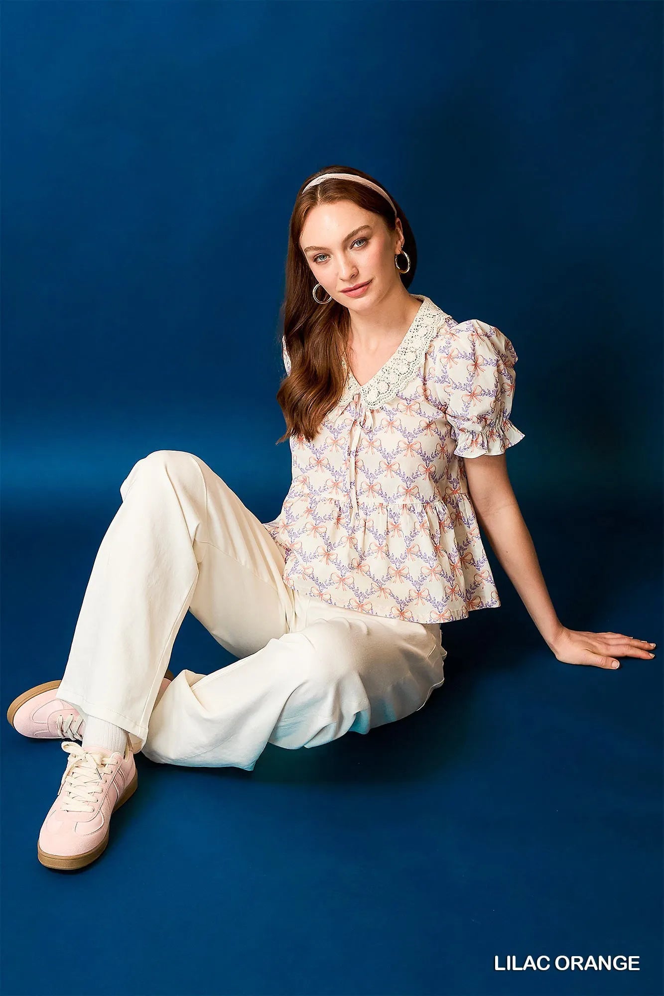 Umgee Lace Detail Bow Print Flounce Sleeve Blouse OutfitFlow