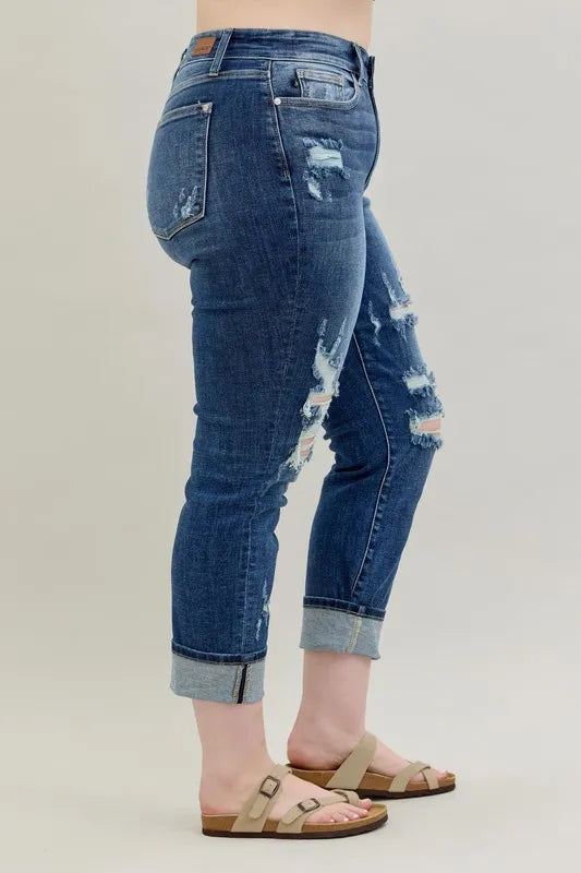 Judy Blue Full Size Mid Rise Cuffed Destroy Bf Jeans Plus Size OutfitFlow