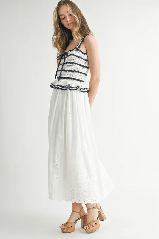 MABLE Crochet Stripe Knit Eyelet Mix Midi Dress OutfitFlow