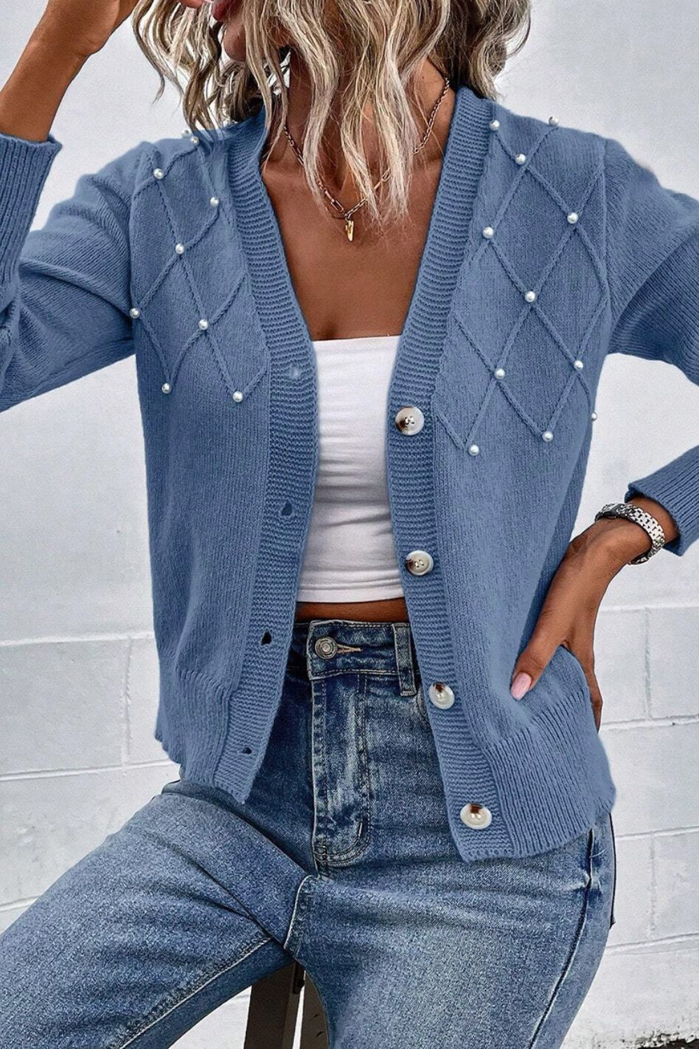 Outfit Flow - Beaded V-Neck Button Up Long Sleeve Cardigan