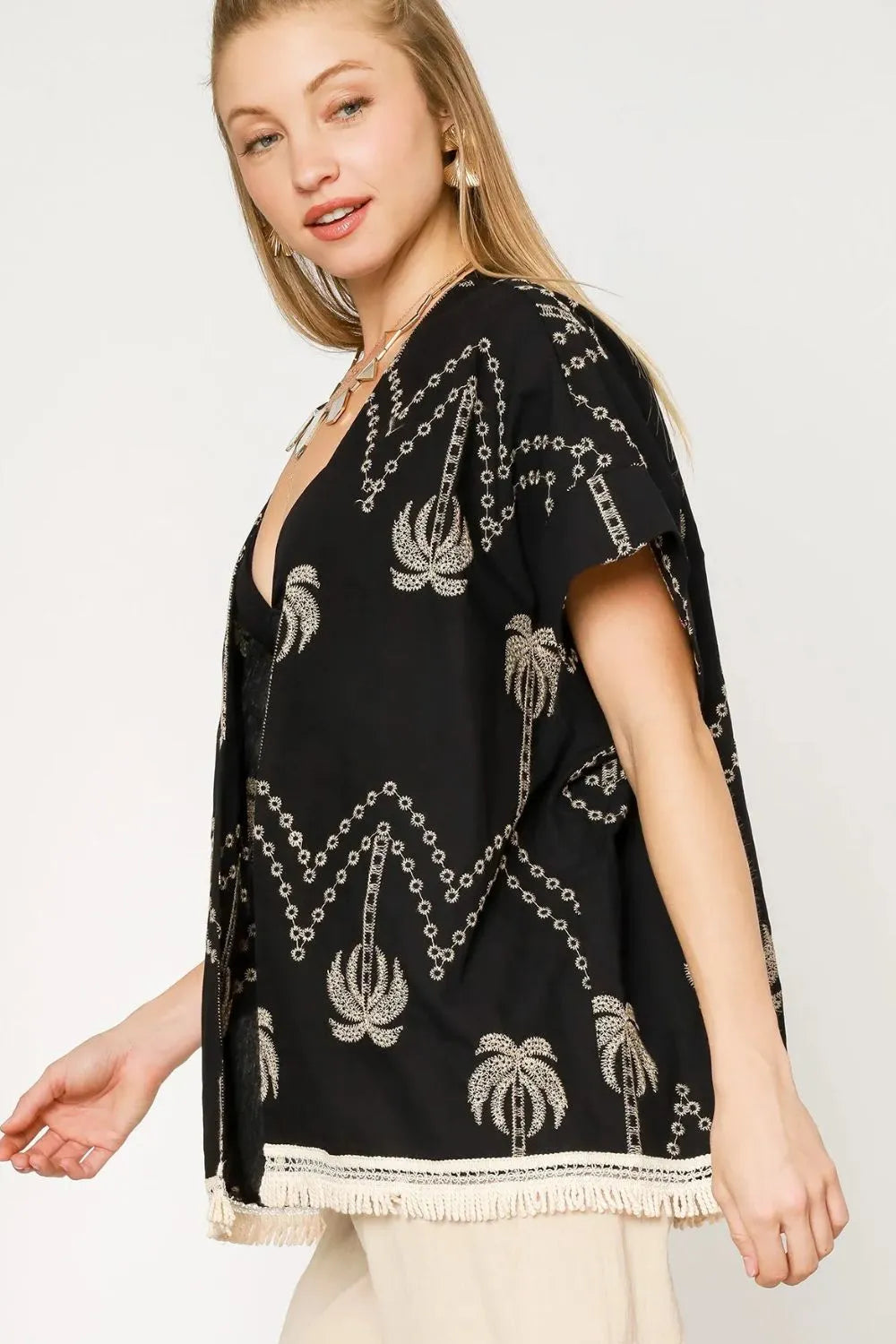 Umgee Open Front Embroidered Fringe Kimono OutfitFlow
