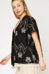 Umgee Open Front Embroidered Fringe Kimono OutfitFlow