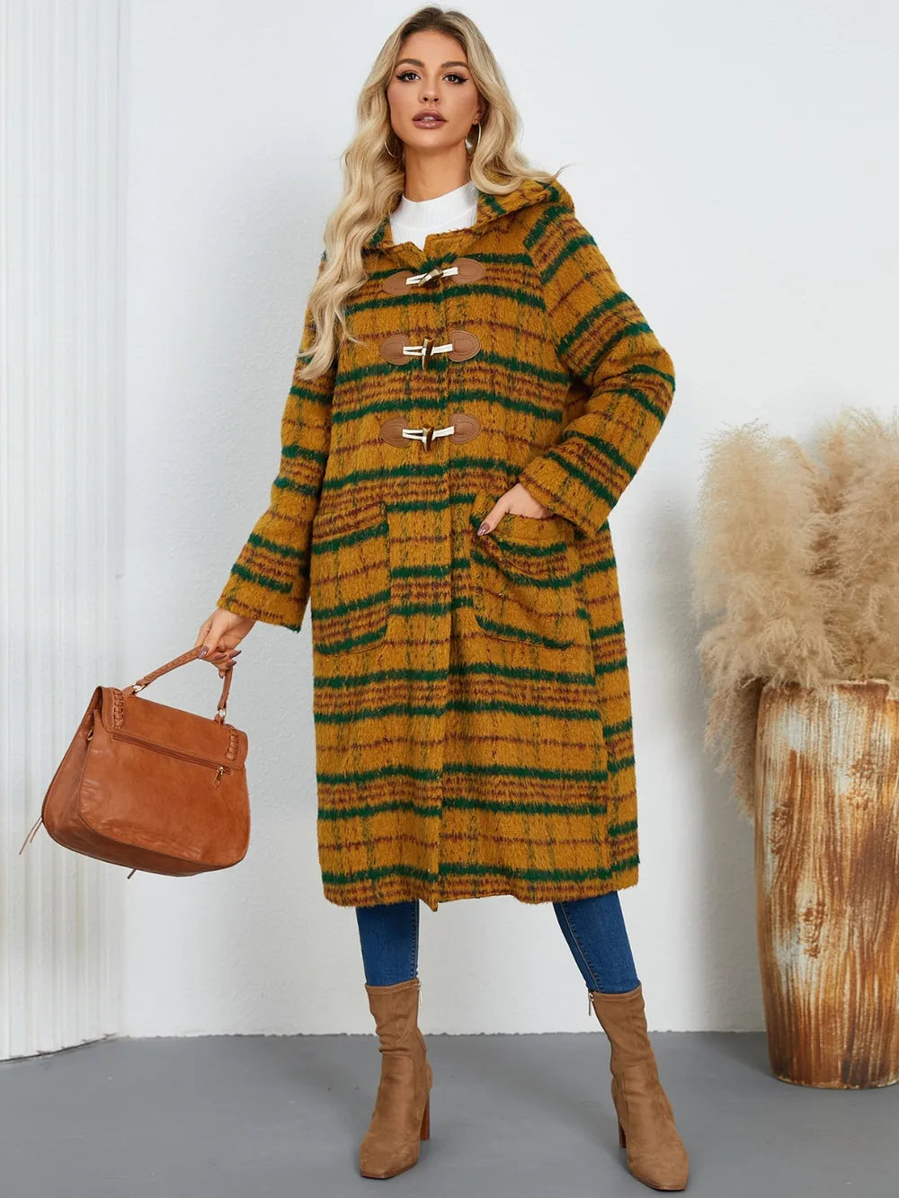 Plaid Long Sleeve Hooded Coat with Pockets OutfitFlow