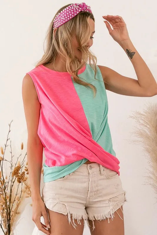 BiBi Slub Terry Color Block Twisted Top OutfitFlow