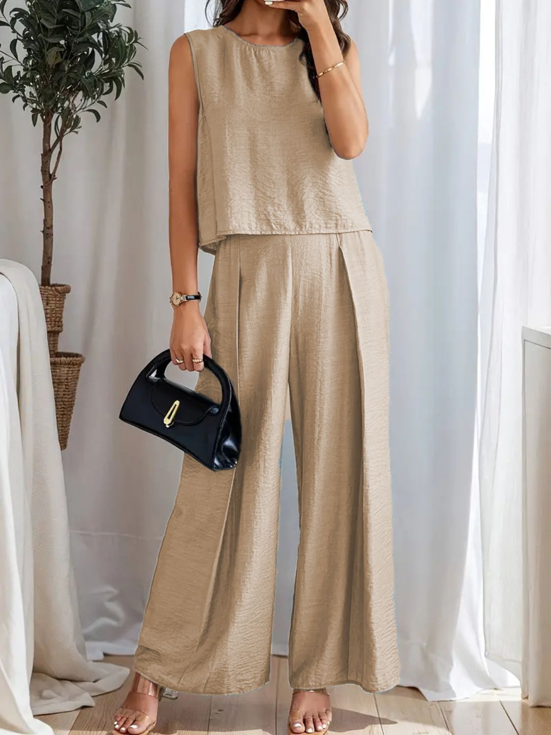 Round Neck Sleeveless Top and Wide Leg Pants Set Tan OutfitFlow