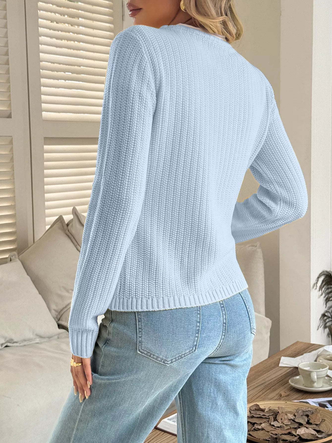 Button-Front Ribbed Long Sleeve Cardigan OutfitFlow