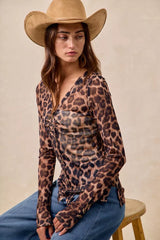 BiBi Leopard Printed Mesh Shirt With Button Up V Neck OutfitFlow