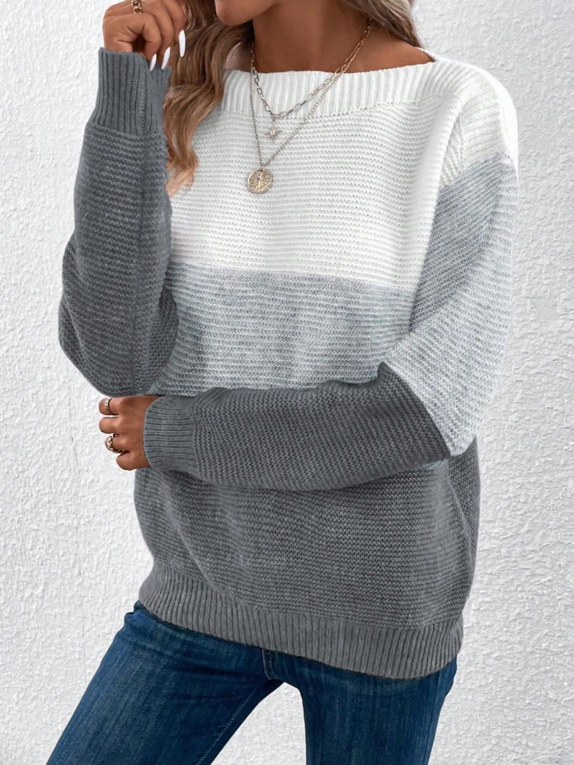 Outfit Flow - Color Block Boat Neck Sweater