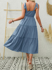Smocked Tiered Midi Dress with Tie Straps OutfitFlow