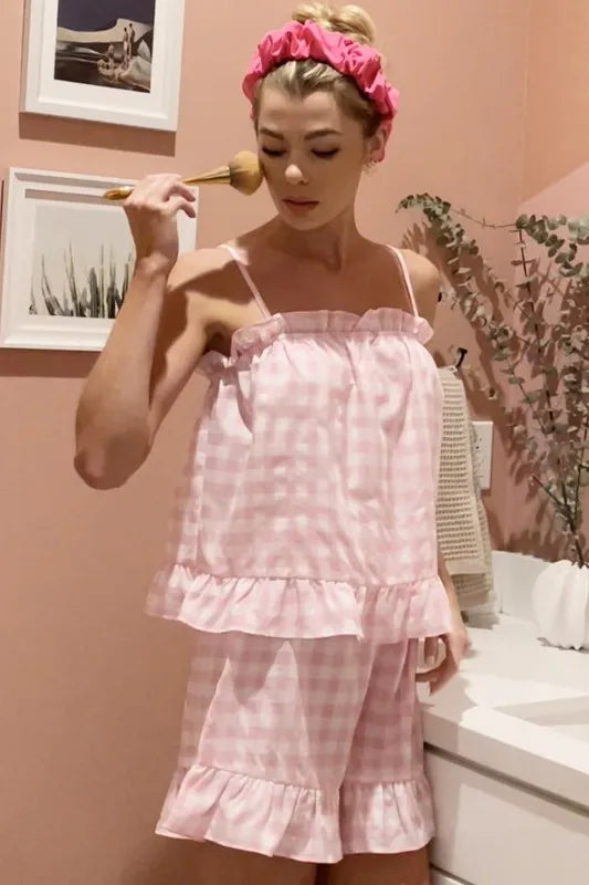 Lime 'N' Chili Gingham Ruffle Trim Cami and Shorts Pajama Set PINK OutfitFlow