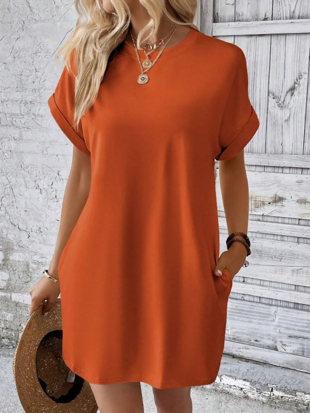 Pocketed Round Neck Short Sleeve Dress Orange-Red OutfitFlow