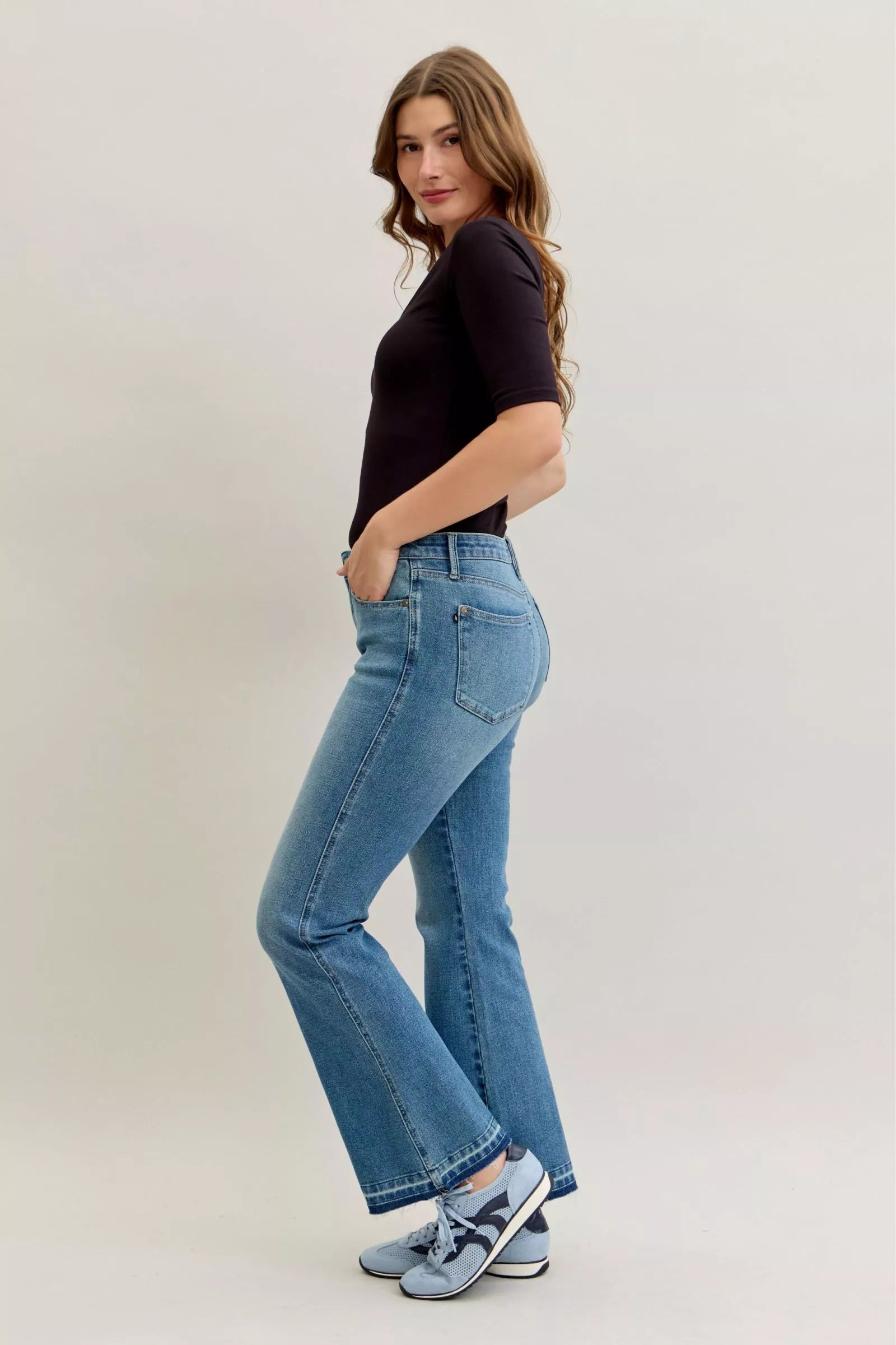 Judy Blue Full Size Mid Rise Slim Bootcut Tummy Control Release Hem Jeans Plus Size OutfitFlow