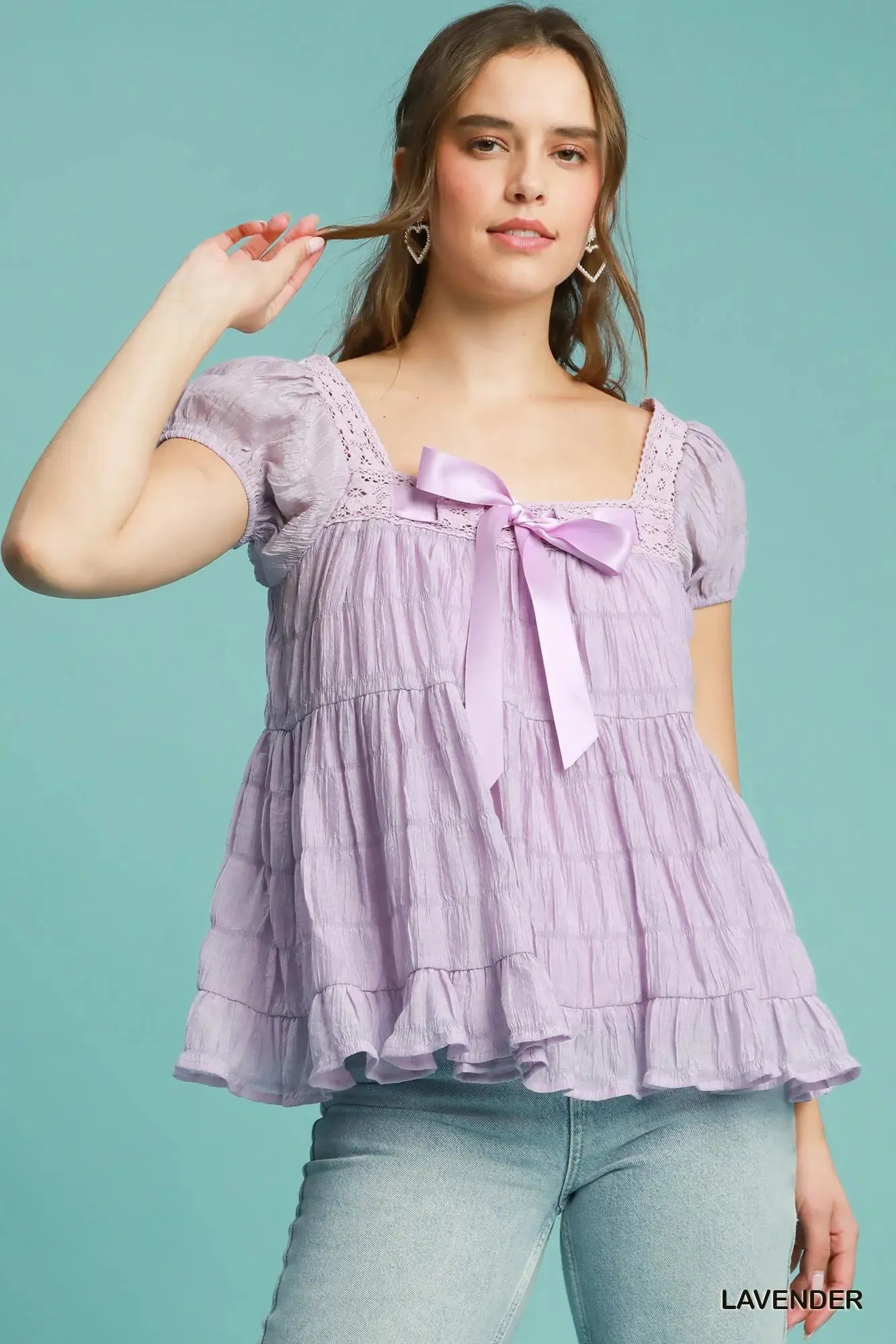 Umgee Textured Square Neck Bow Tie Blouse with Ruffle Hem Lavender Trendsi