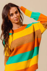 SO ME Multi Color Stripe Sweater with Ribbed Detail OutfitFlow
