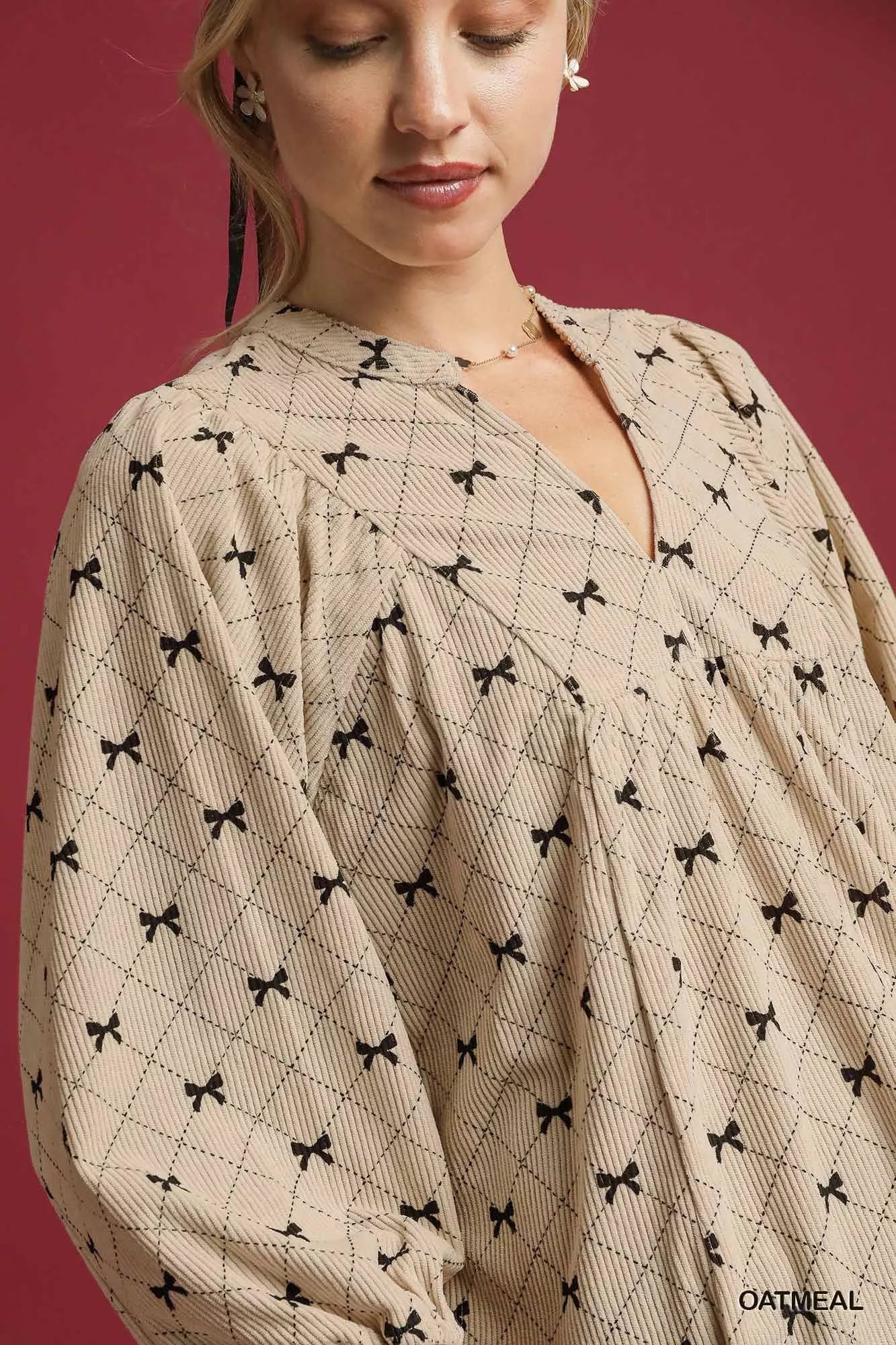 Umgee Corduroy Bow Print Balloon Sleeve Blouse Trendsi