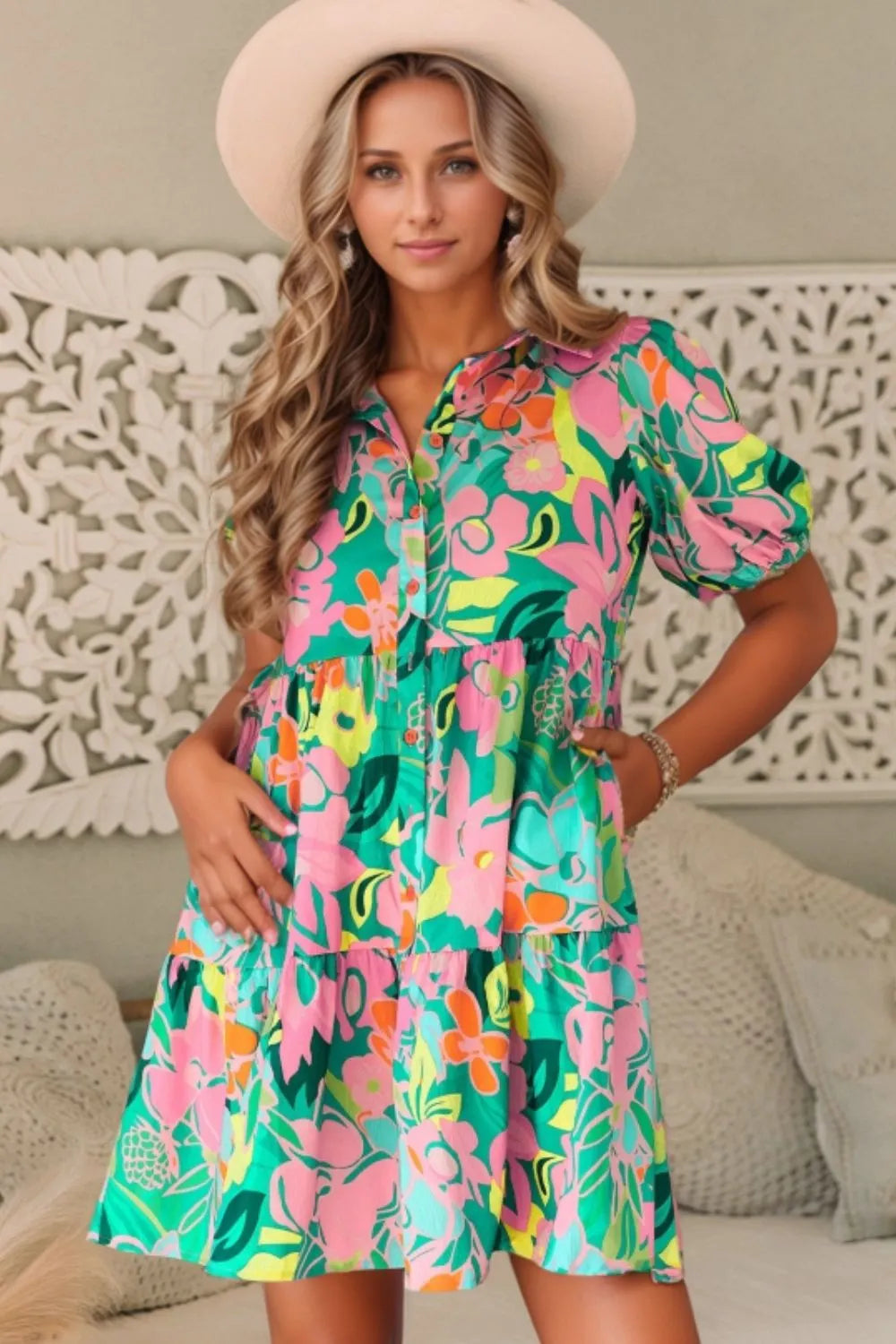 Button Down Floral Puff Sleeve Babydoll Dress Green OutfitFlow