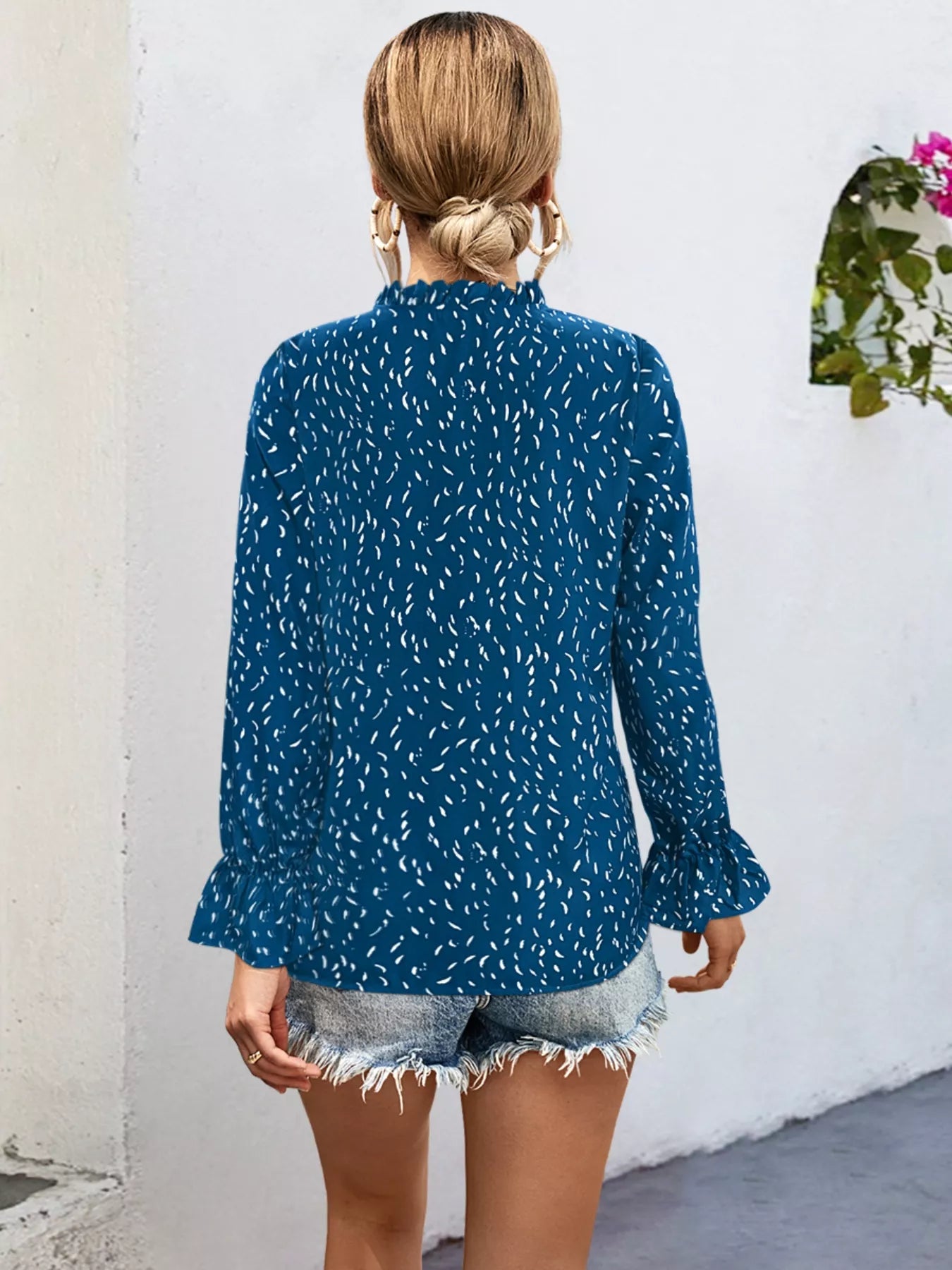 Ruffled Printed Tie Neck Long Sleeve Blouse OutfitFlow