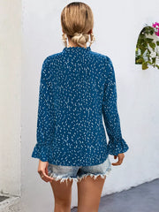 Ruffled Printed Tie Neck Long Sleeve Blouse OutfitFlow