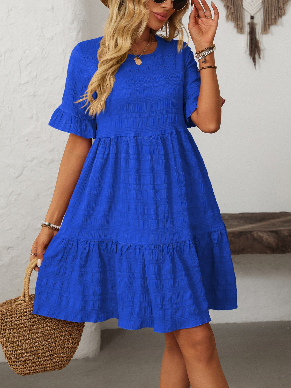 Outfit Flow - Mandy Ruffled Ruched Round Neck Half Sleeve Dress