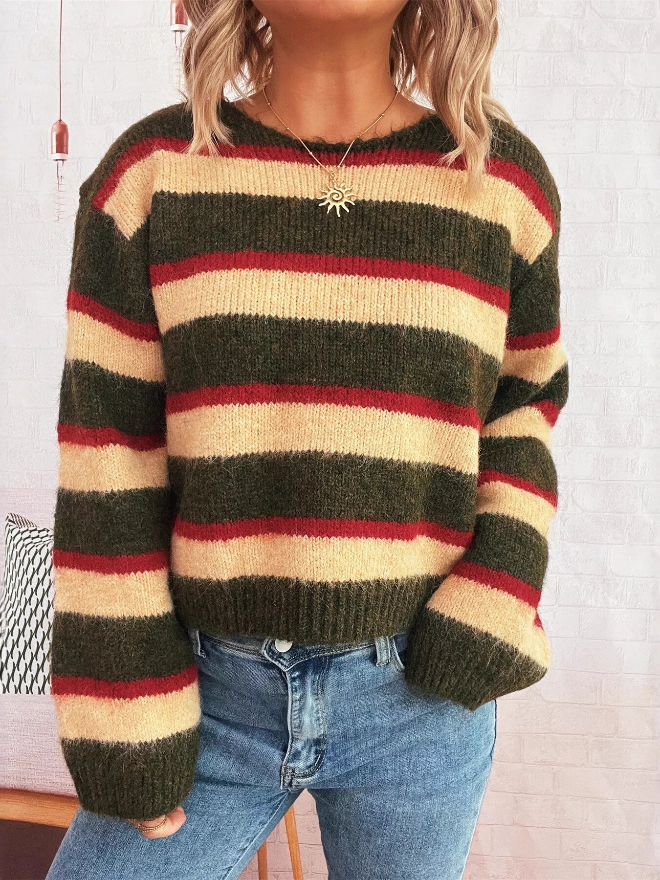 Striped Round Neck Long Sleeve Sweater OutfitFlow