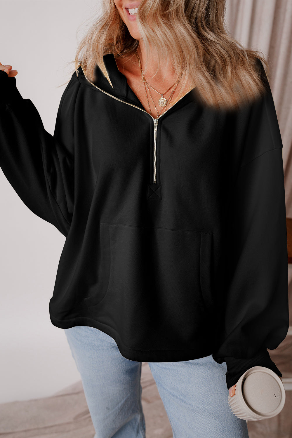 Pocketed Half Zip Dropped Shoulder Hoodie Black OutfitFlow