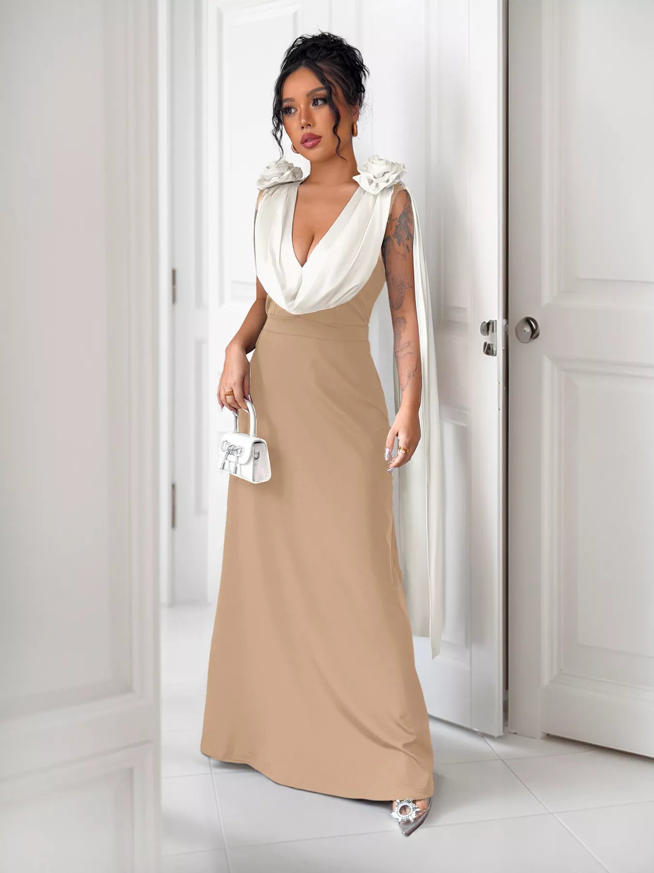 Floral Applique Two Tone Maxi Dress OutfitFlow