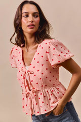 SO ME All Over Heart Ribbon Tie Baby Doll Valentine Blouse OutfitFlow