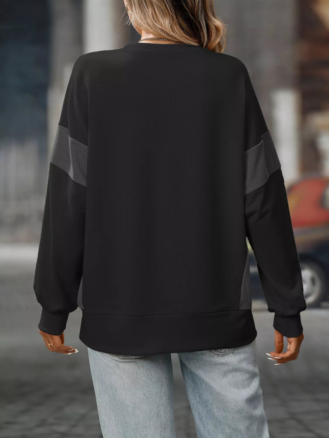 Side Slit Round Neck Sweatshirt OutfitFlow