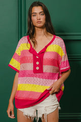 BiBi Multi Color Stripe Hacci Button Detail Ringer Top OutfitFlow