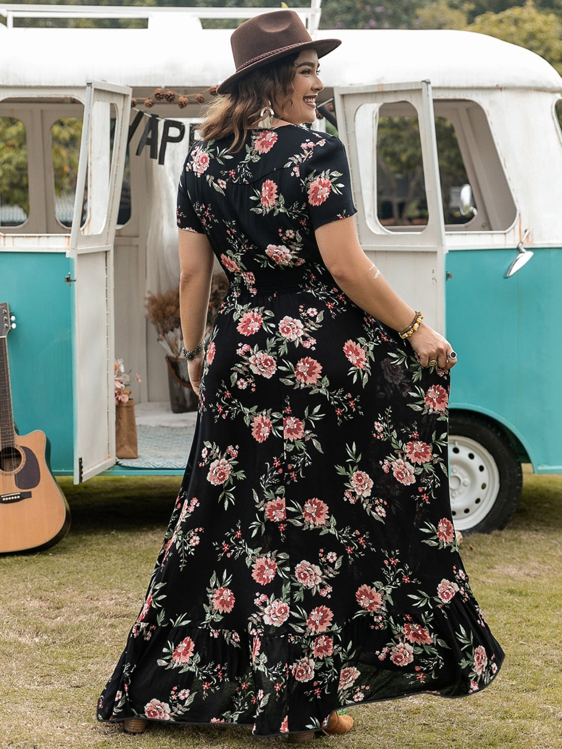 Plus Size Button Detail Printed V-Neck Short Sleeve Maxi Dress OutfitFlow