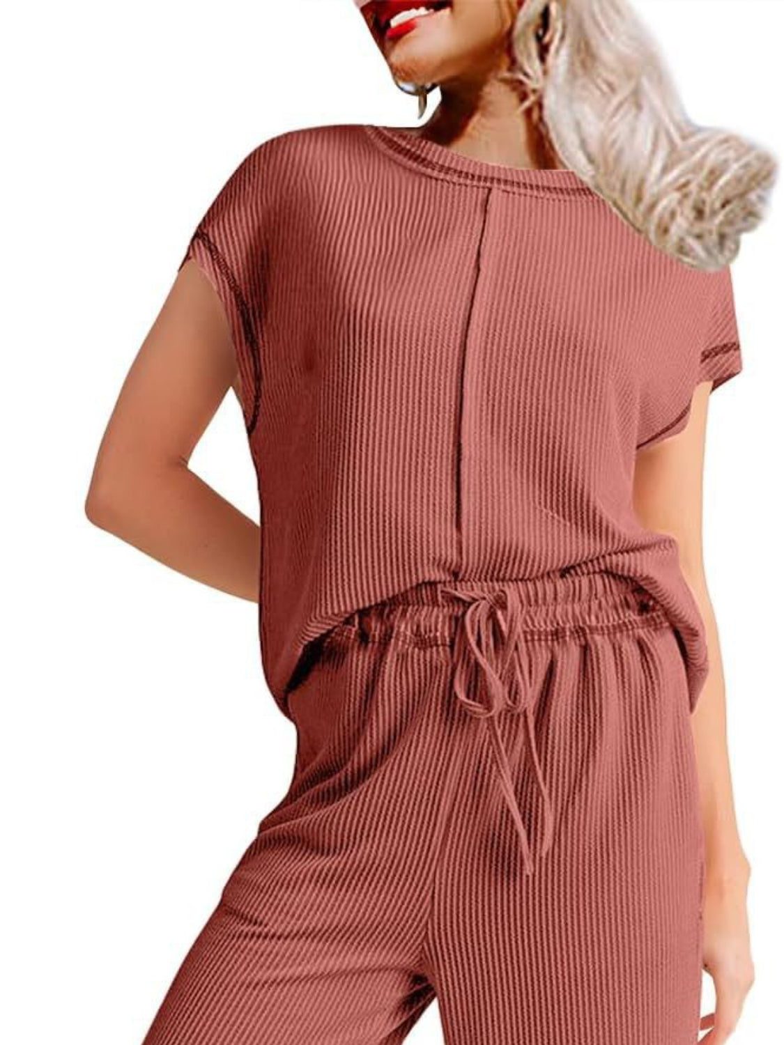 Ribbed Exposed Seam Top and Pants Set OutfitFlow