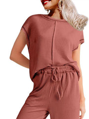 Ribbed Exposed Seam Top and Pants Set OutfitFlow
