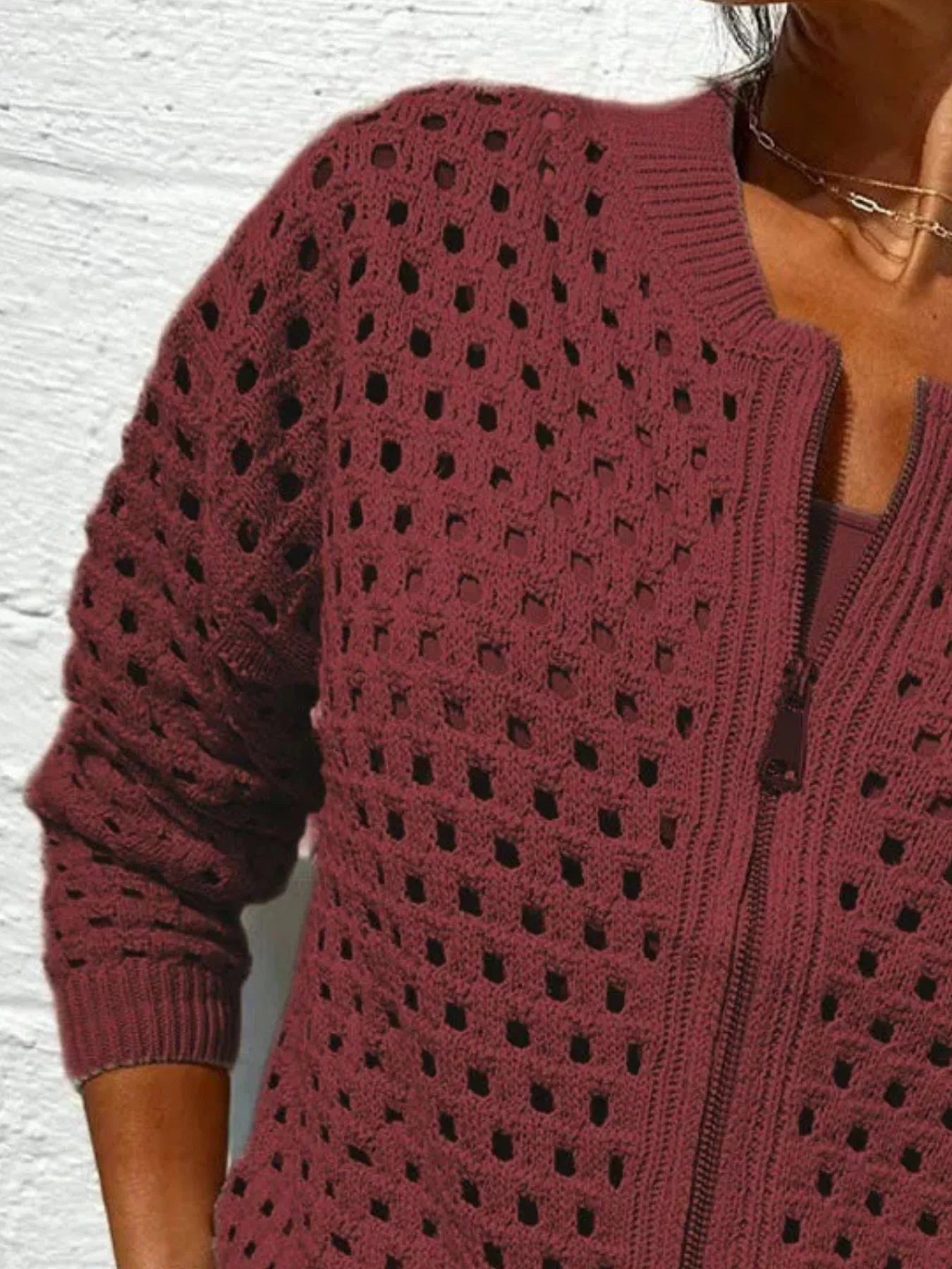 Full Size Zip Up Long Sleeve Cardigan with Eyelet Detail Plus Size OutfitFlow