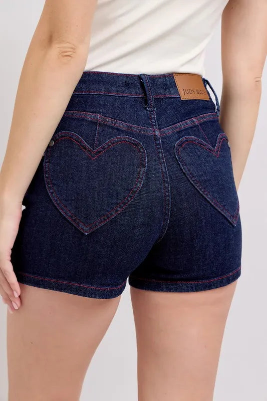 Judy Blue Full Size High Waist Heart Shaped Pkts & Red Contrast Thread Denim Shorts Plus Size OutfitFlow