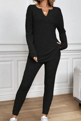 Notched Long Sleeve Top & Pants Set OutfitFlow