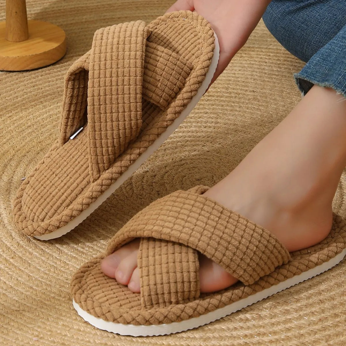 Open Toe Flats Slippers Brown OutfitFlow