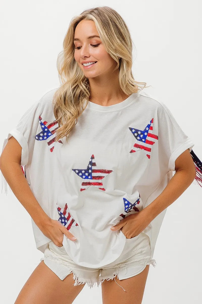 BiBi American Flag Sequin Star Fringe Top OutfitFlow
