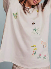 Embroidered Crew Neck Long Sleeve Sweatshirt Ivory OutfitFlow