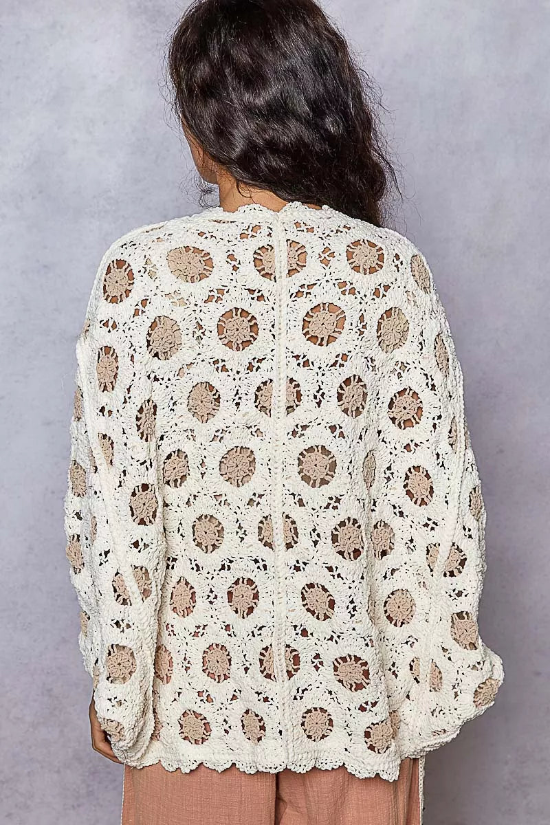 POL Openwork V-Neck Chenille Cardigan with Contrast Floral OutfitFlow