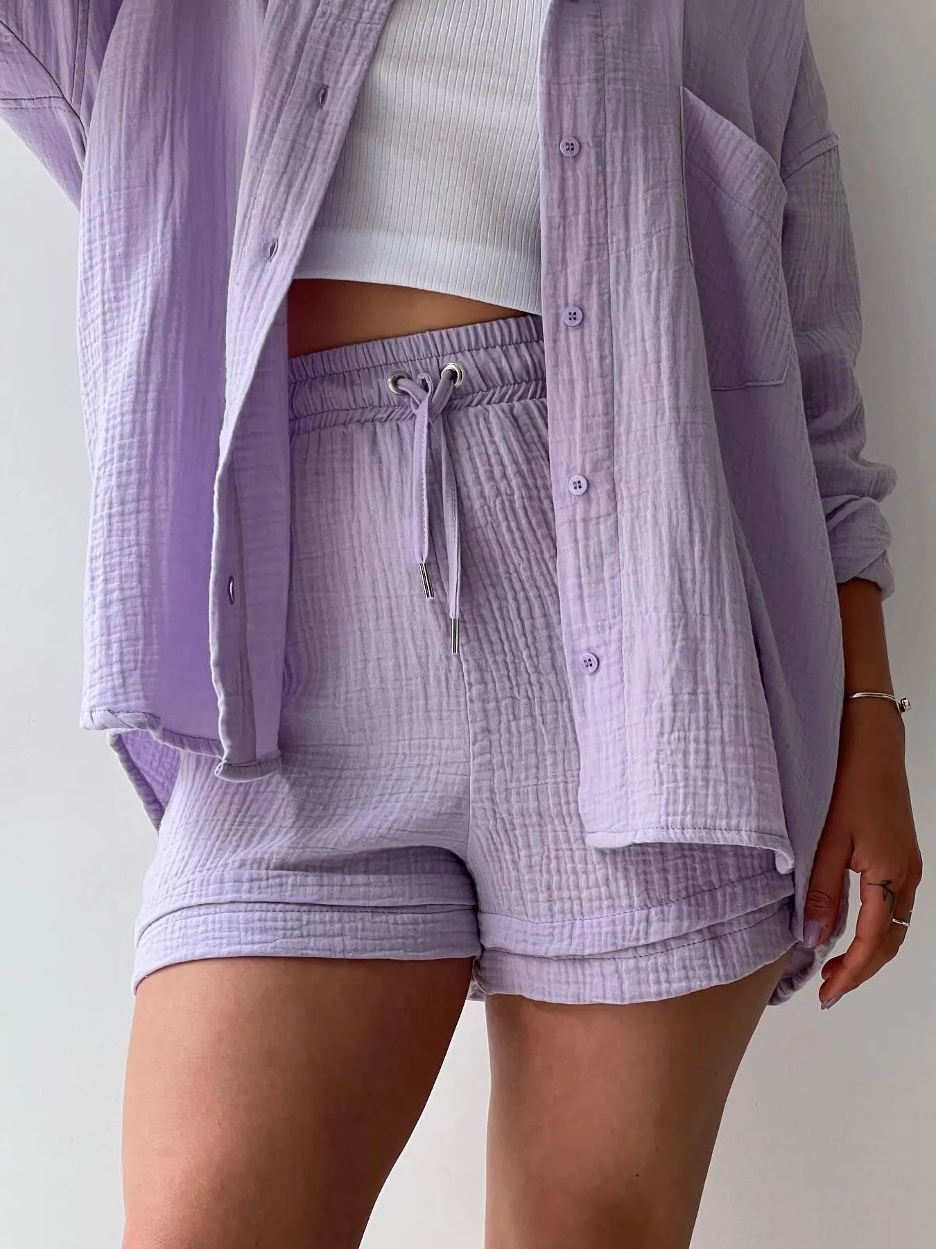 Textured Button Up Shirt and Shorts Set OutfitFlow