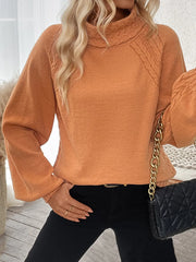 Cable-Knit Turtleneck Long Sleeve Sweater Tangerine OutfitFlow