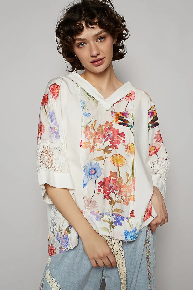 POL Floral V-Neck Raw Edge T-Shirt with Lace Detail OutfitFlow