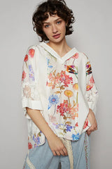 POL Floral V-Neck Raw Edge T-Shirt with Lace Detail OutfitFlow
