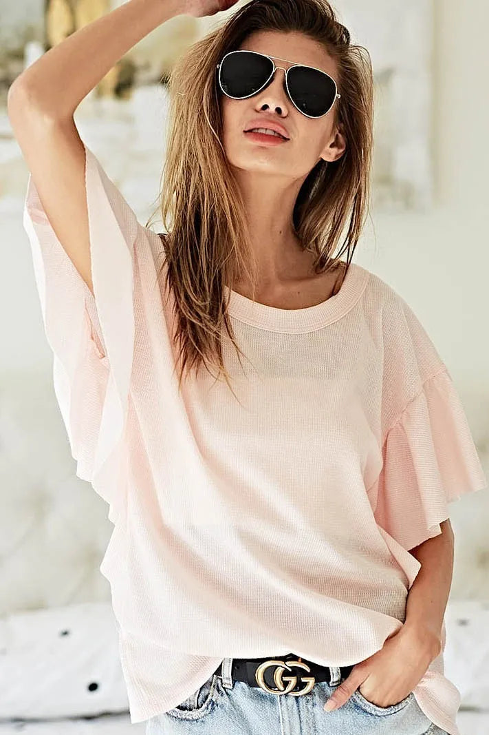 BiBi Thermal Knit with Ruffled Sleeve Top OutfitFlow