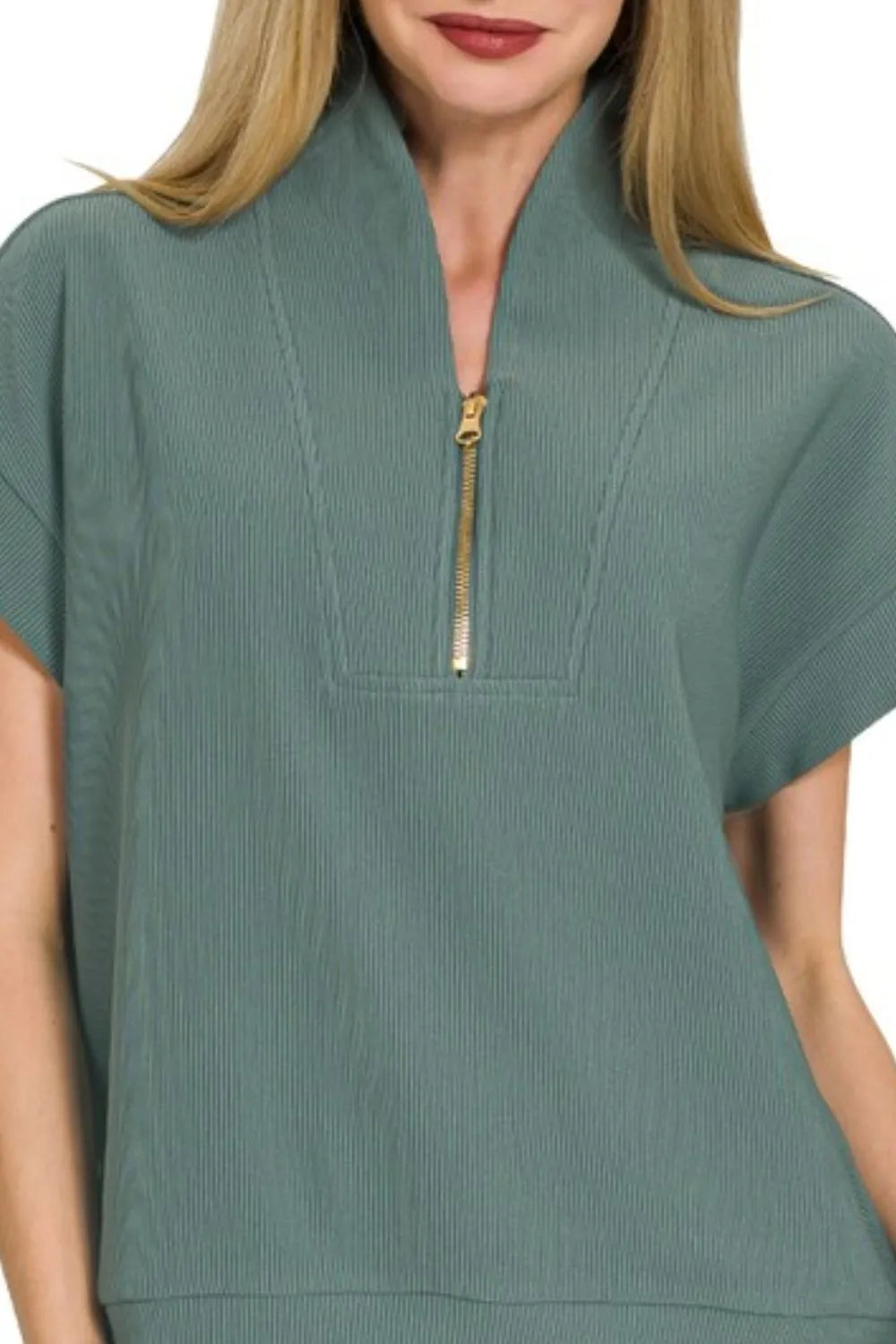 Zenana Ribbed High Neck Half Zip Top OutfitFlow