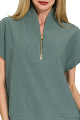 Zenana Ribbed High Neck Half Zip Top OutfitFlow
