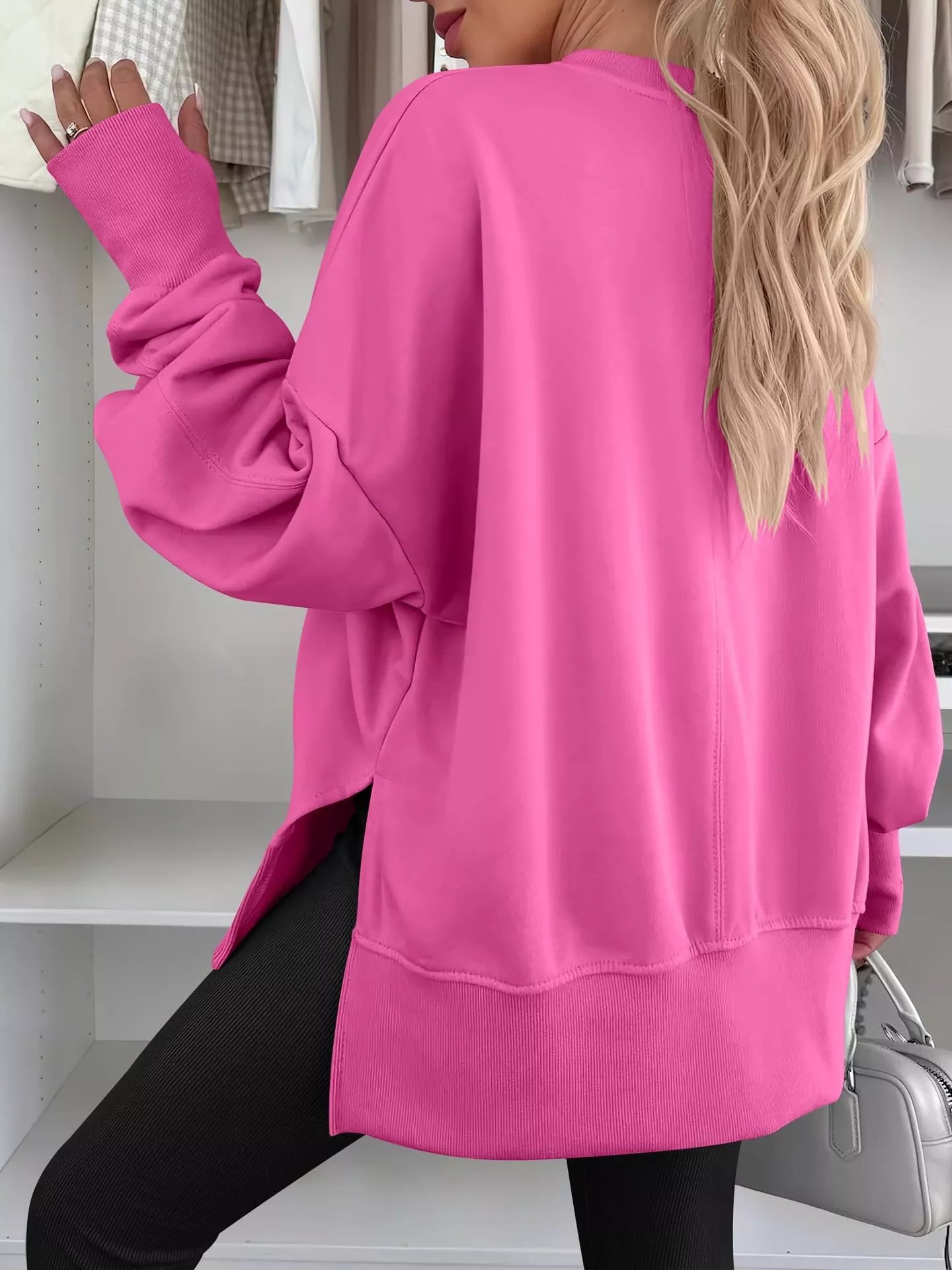 Side Slit Round Neck Long Sleeve Sweatshirt OutfitFlow